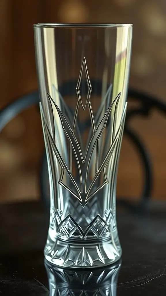 A tall, intricately designed glass with etchings, inspired by Varys from Game of Thrones, set against a blurred background.