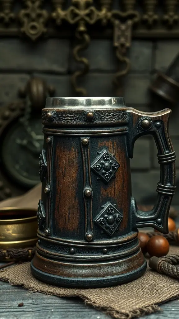 A sturdy tankard with a dark wood finish and metal accents, inspired by Game of Thrones.