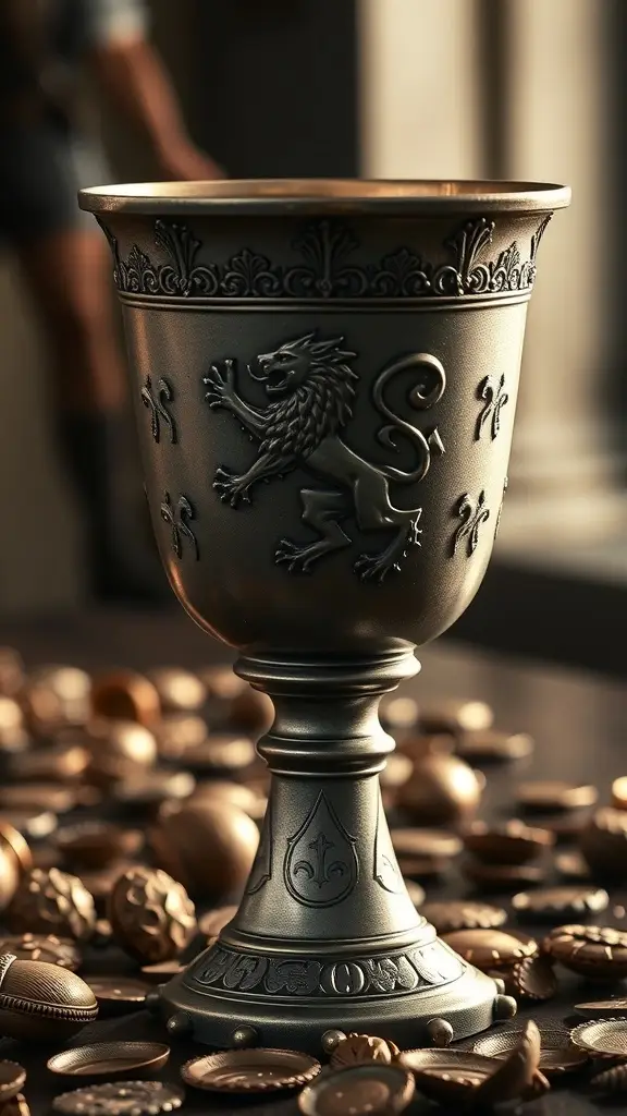 A metallic chalice with a lion emblem, surrounded by coins, inspired by Game of Thrones.