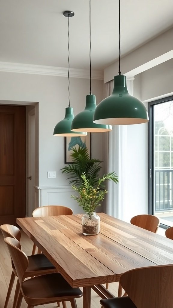 Dill green pendant lighting fixtures hanging above a wooden dining table with a plant centerpiece.