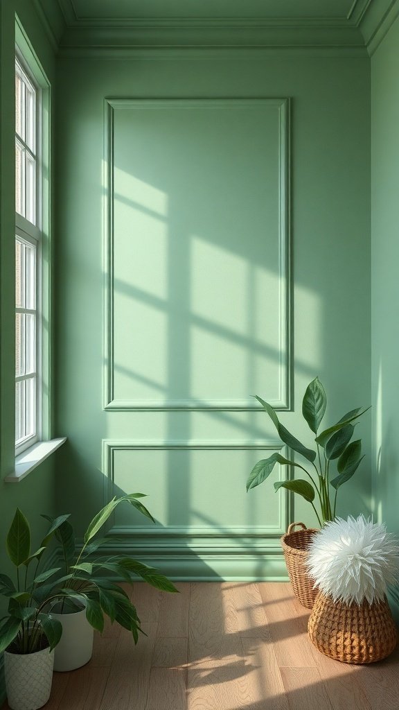A cozy corner with Dill Green walls, natural light, and plants.