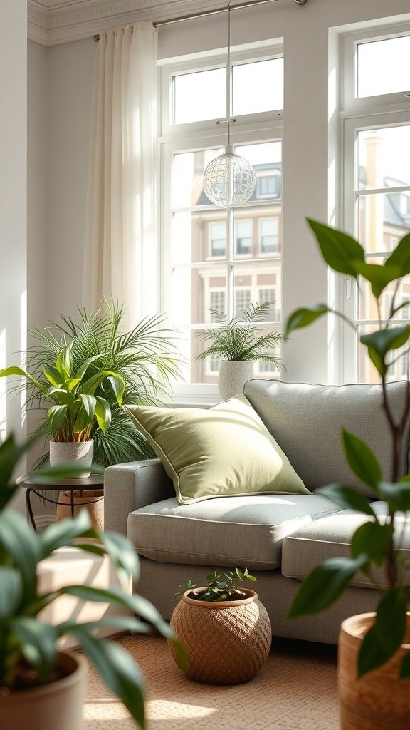 A cozy living room with dill green accents, featuring plants and natural light.