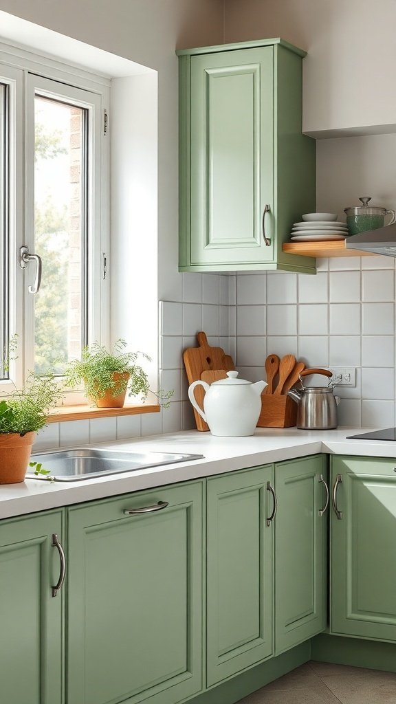 A kitchen featuring Dill Green cabinets, white countertops, and natural light from a window.