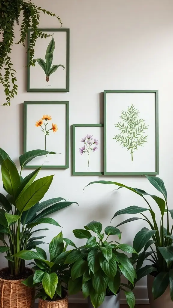 Wall art featuring botanical prints in dill green frames, surrounded by indoor plants.