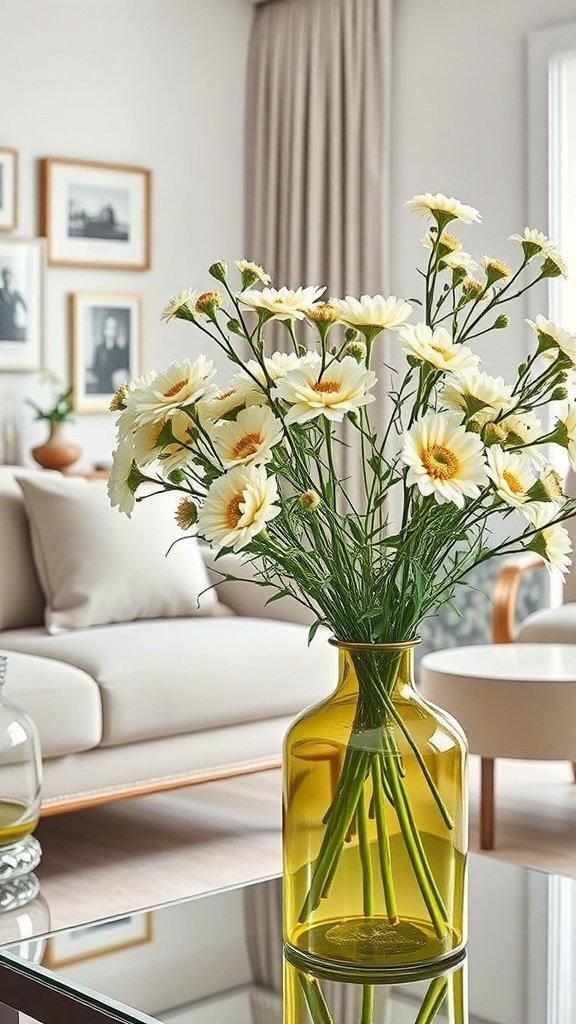 A dill green vase with daisies on a coffee table in a cozy living room