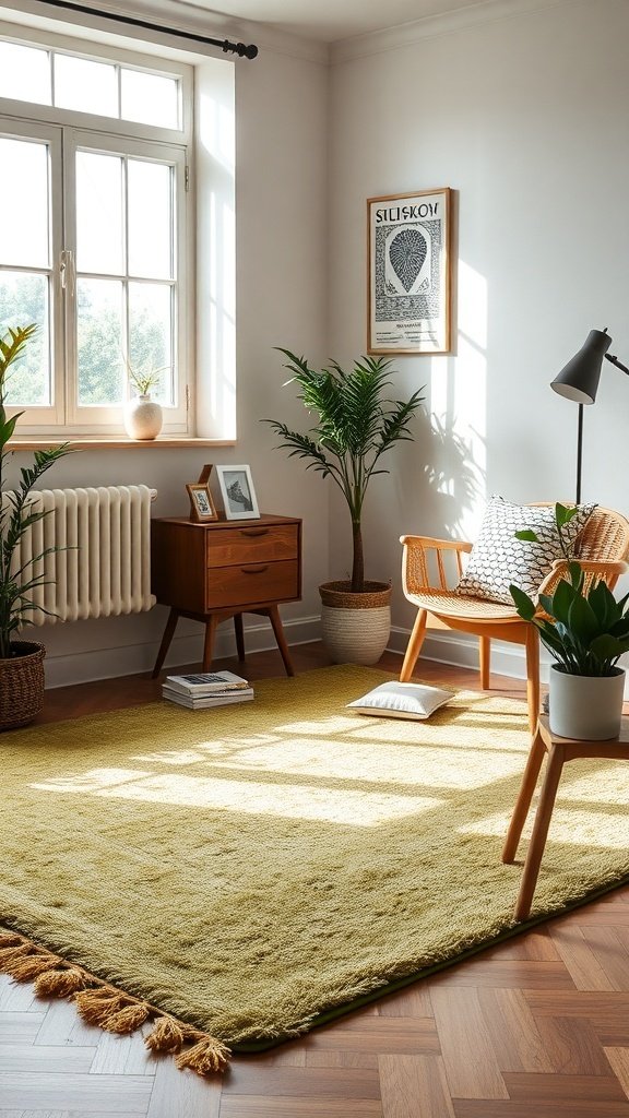 A cozy room featuring a dill green rug, wooden furniture, and plants, illuminated by natural light.