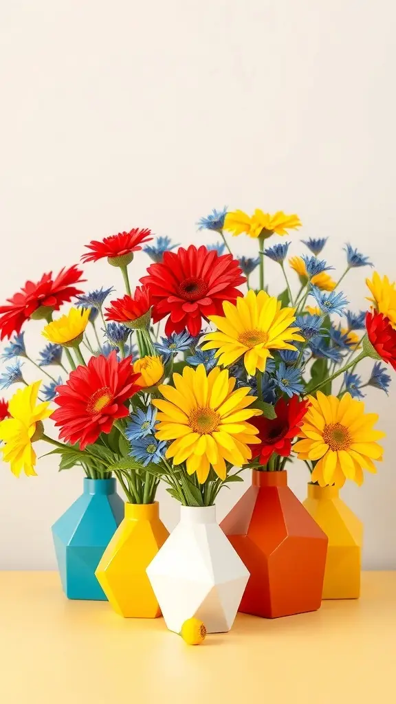A vibrant flower display featuring red, yellow, and blue flowers in colorful geometric vases.