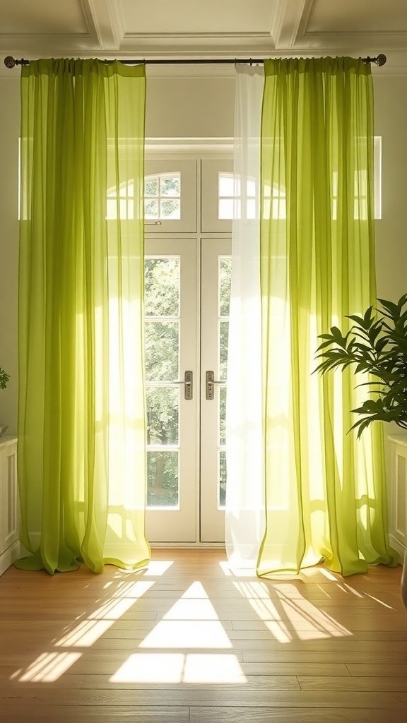 Light dill green curtains hanging in a bright room, allowing sunlight to filter through.