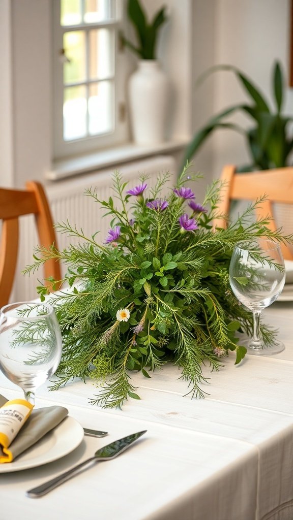 A beautiful centerpiece made of greenery and purple flowers on a dining table.