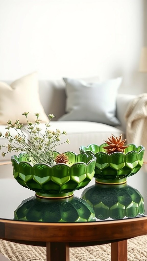 Two dill green decorative bowls with flowers and pinecones on a coffee table