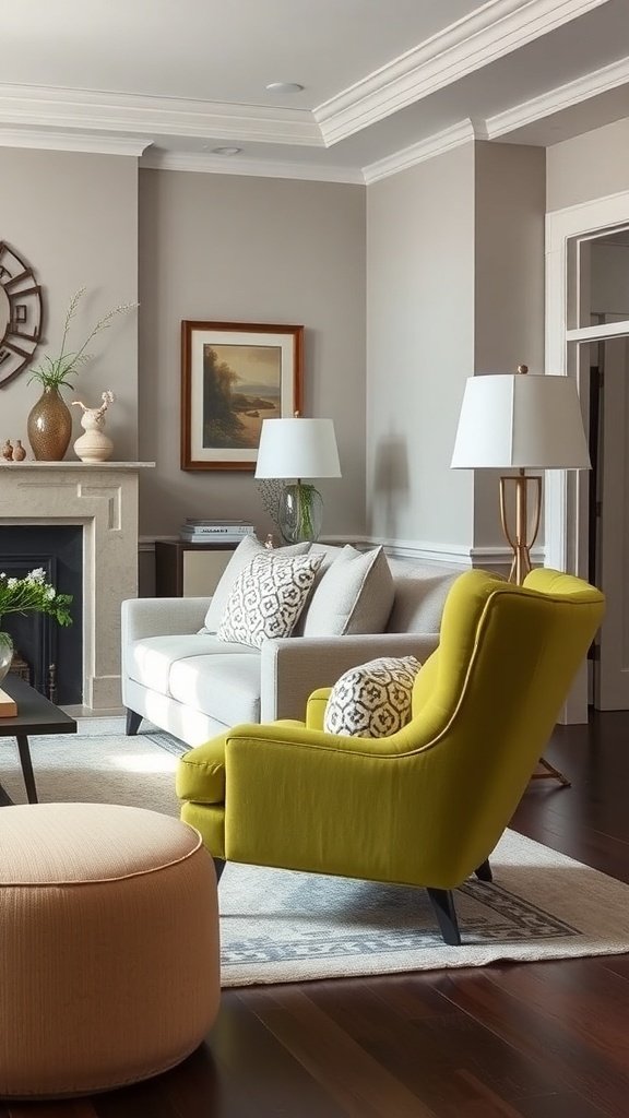 A cozy living room featuring a dill green accent chair beside a beige sofa, with warm curtains and a plant.