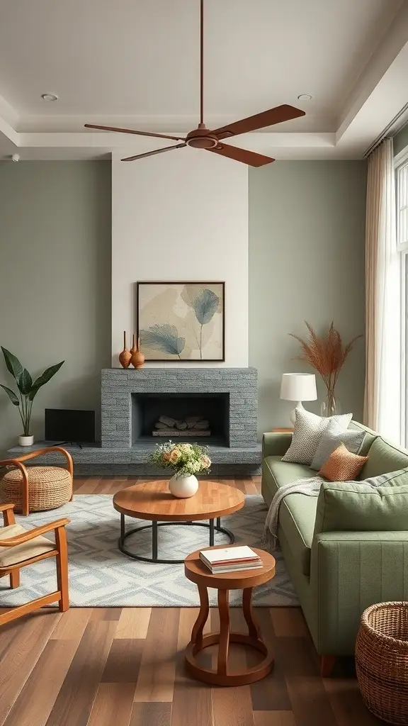 A cozy living room featuring a Dill Green sofa, earthy wooden furniture, and a gray stone fireplace.