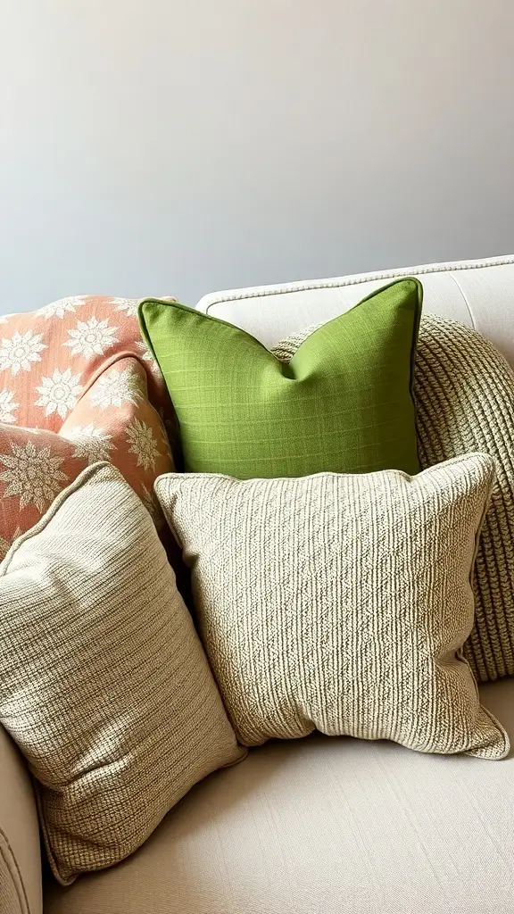 A cozy sofa with dill green decorative pillows and textured beige pillows.