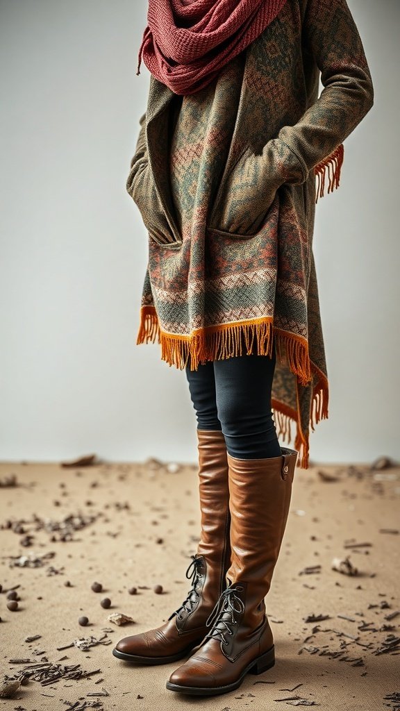 A person wearing a patterned poncho and brown leather boots, showcasing a boho style.