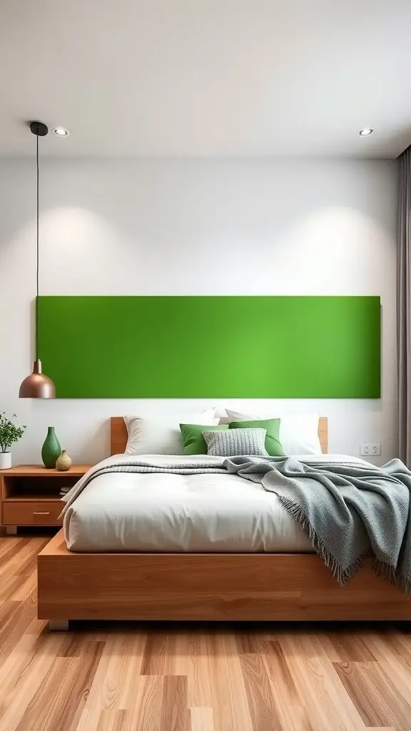 A modern bedroom with a dill green accent wall, wooden furniture, and cozy textiles.