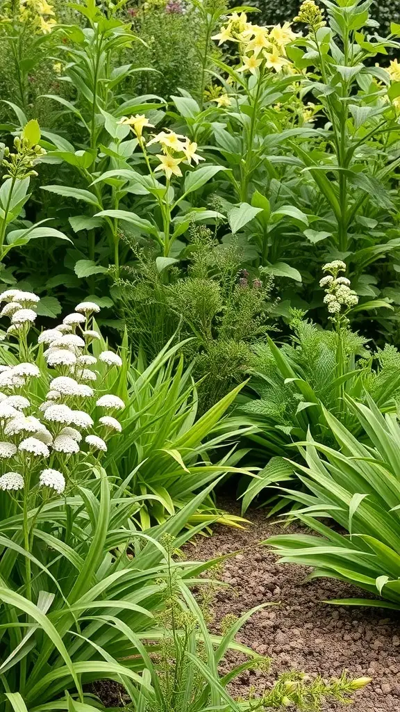 A lush garden scene with green plants and white flowers, embodying the essence of dill green home decor.