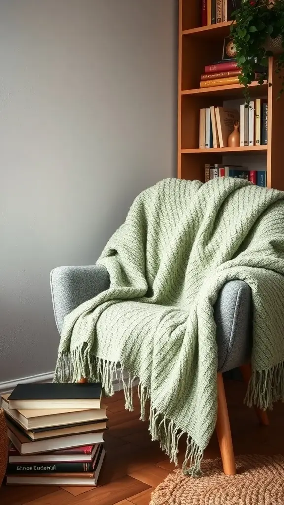A cozy chair with a dill green throw draped over it, surrounded by books and a plant.
