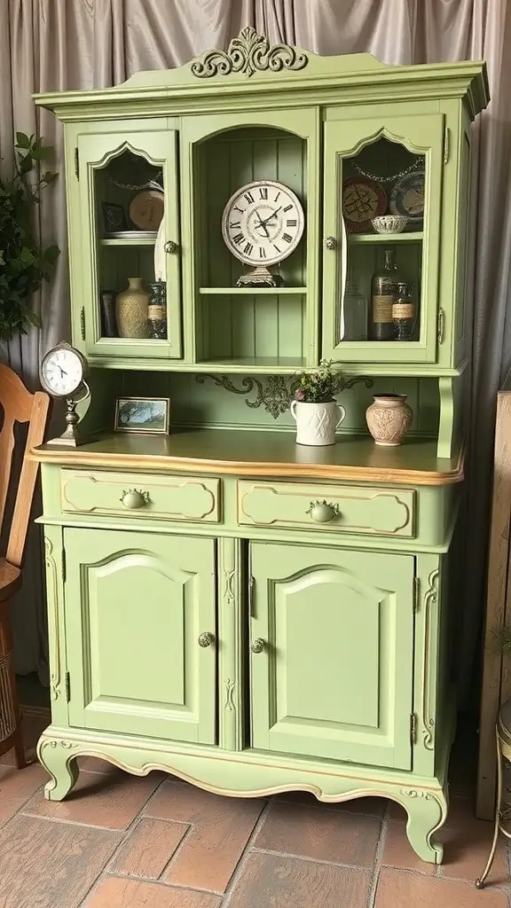 Restored cabinet painted in dill green with gold knobs