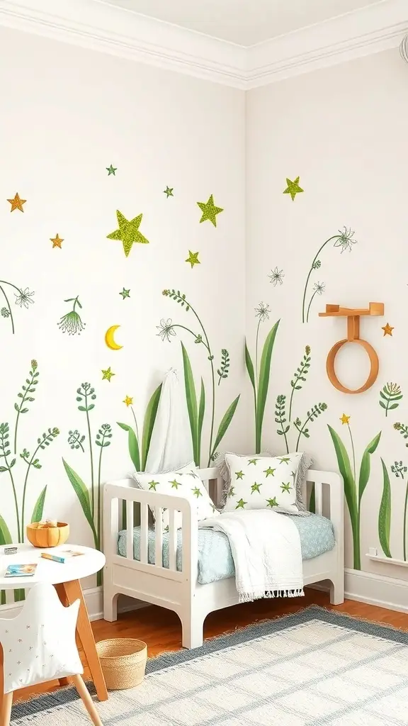 Dill Green garden-inspired wall decals featuring plants, stars, and a moon in a cozy room.
