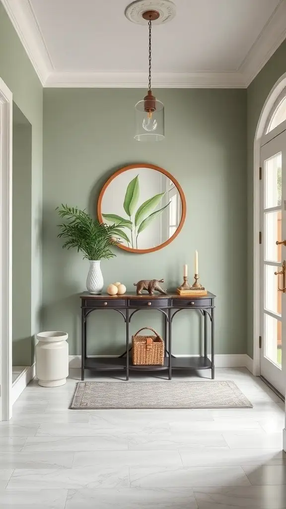 A stylish entryway with dill green walls, a dark console table, and natural decor elements.