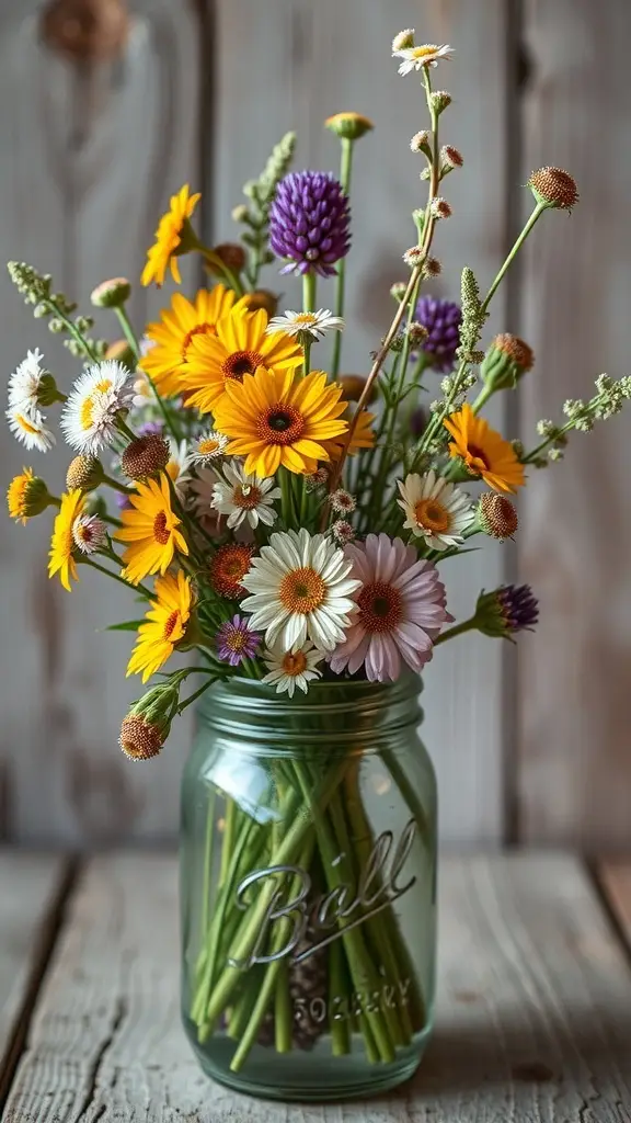A whimsical wildflower bouquet in a mason jar, featuring yellow daisies, purple flowers, and green stems.