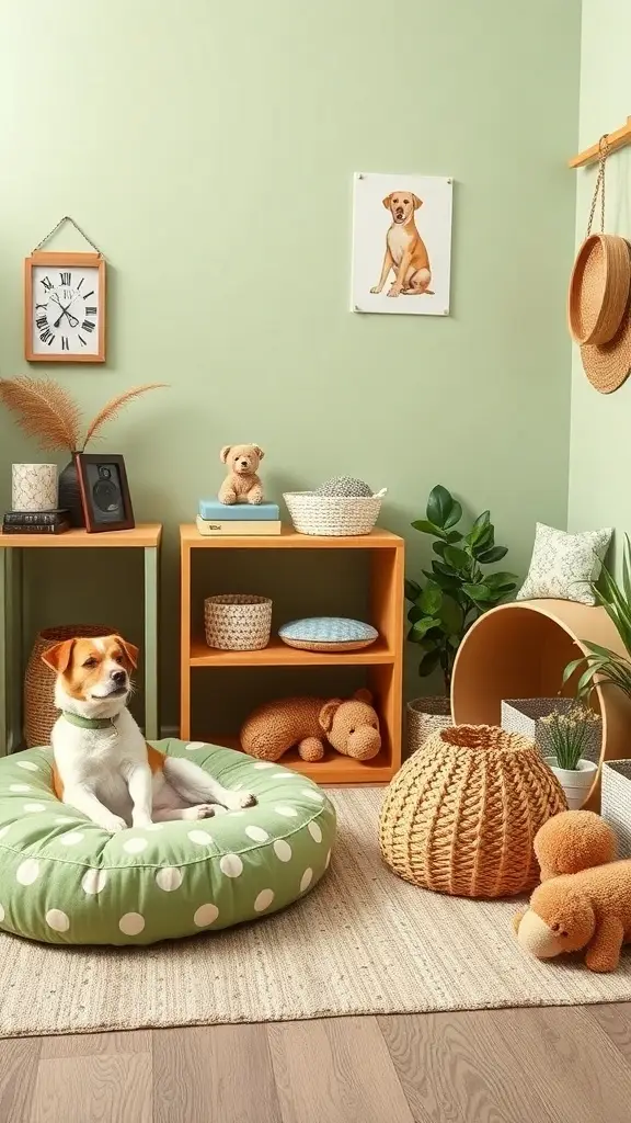 A cozy pet area featuring a dog on a green polka dot bed, surrounded by woven baskets and plush toys against a green wall.