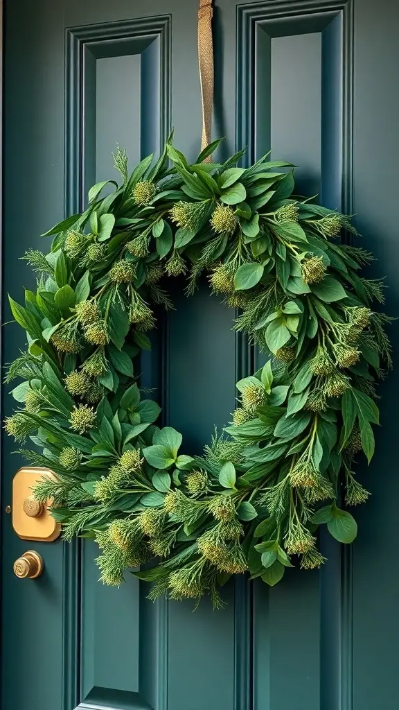 A lush dill green wreath hanging on a dark blue door, featuring various leaves and delicate blooms.