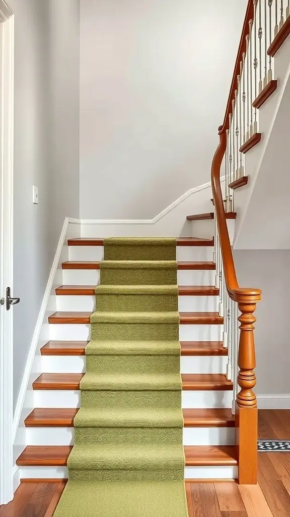 A staircase with a dill green runner on wooden steps, showcasing a cozy and inviting home decor style.