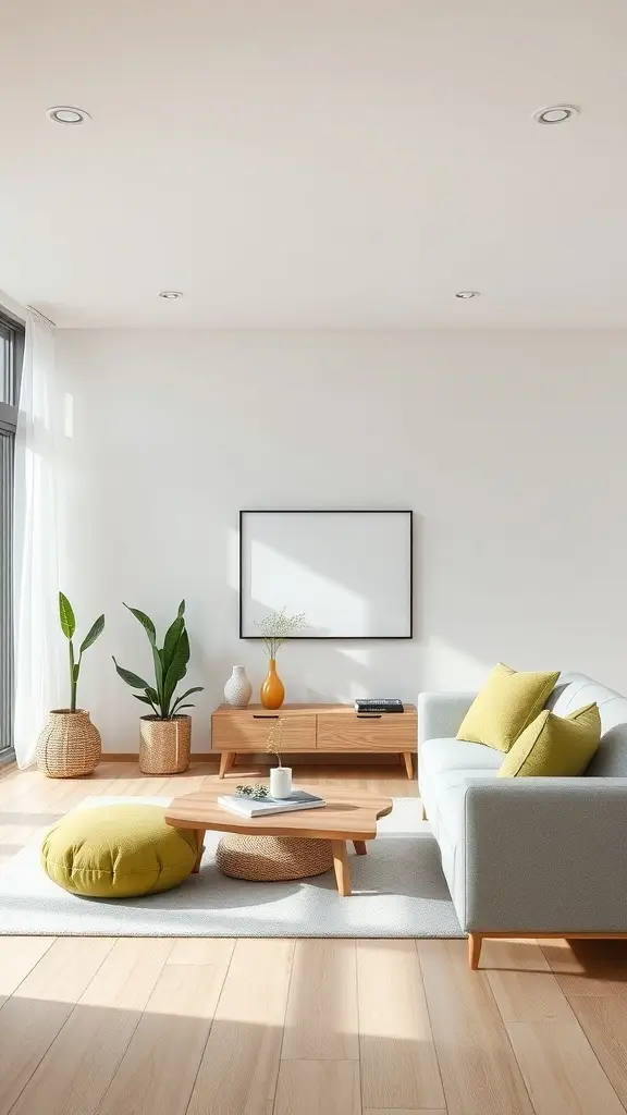A minimalist living room featuring dill green accents with a light wood coffee table, plants, and soft furnishings.