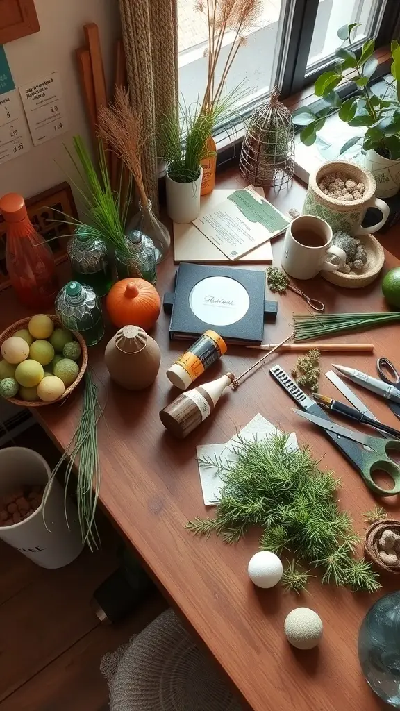 An assortment of crafting materials including greens, twine, wooden items, and tools for home decor projects.