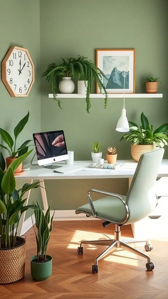 A stylish home office with a wooden desk, two monitors, a white chair, and various plants creating a fresh and inviting atmosphere.