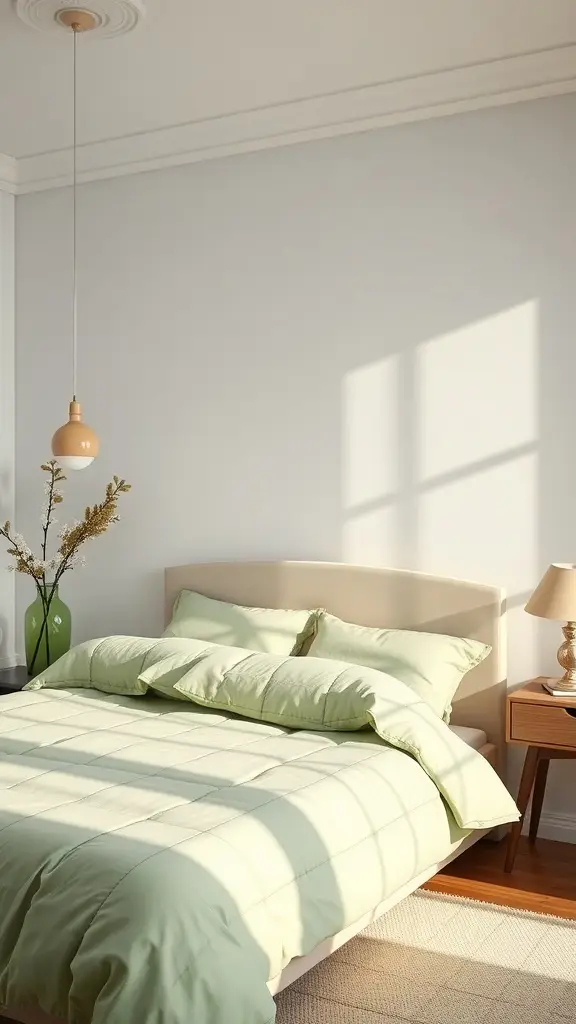 A calming bedroom featuring Dill Green bedding and minimalist decor.