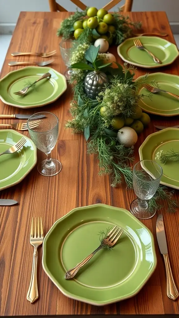 A beautifully arranged table setting with dill green plates, gold cutlery, and a centerpiece of greens and fruits.