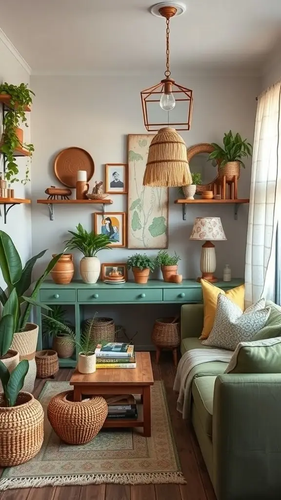 A cozy living room featuring dill green decor with plants, woven baskets, and warm lighting.