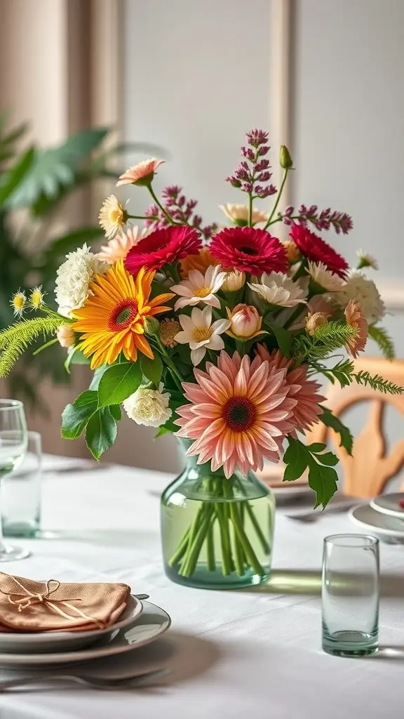 A vibrant floral arrangement featuring various flowers in a glass vase, set on a dining table with green accents.