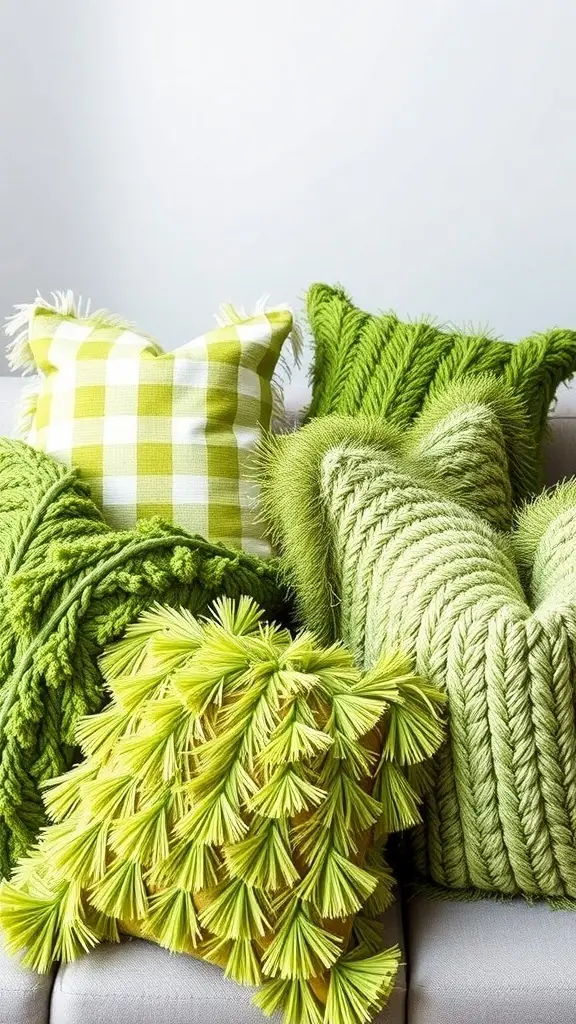 An assortment of dill green throw pillows with various textures and patterns.