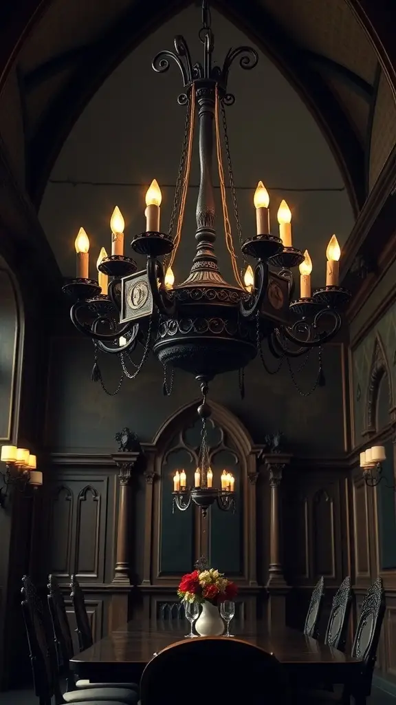 A vintage chandelier with candle-like bulbs hanging above a long dining table in a Gothic-style room.