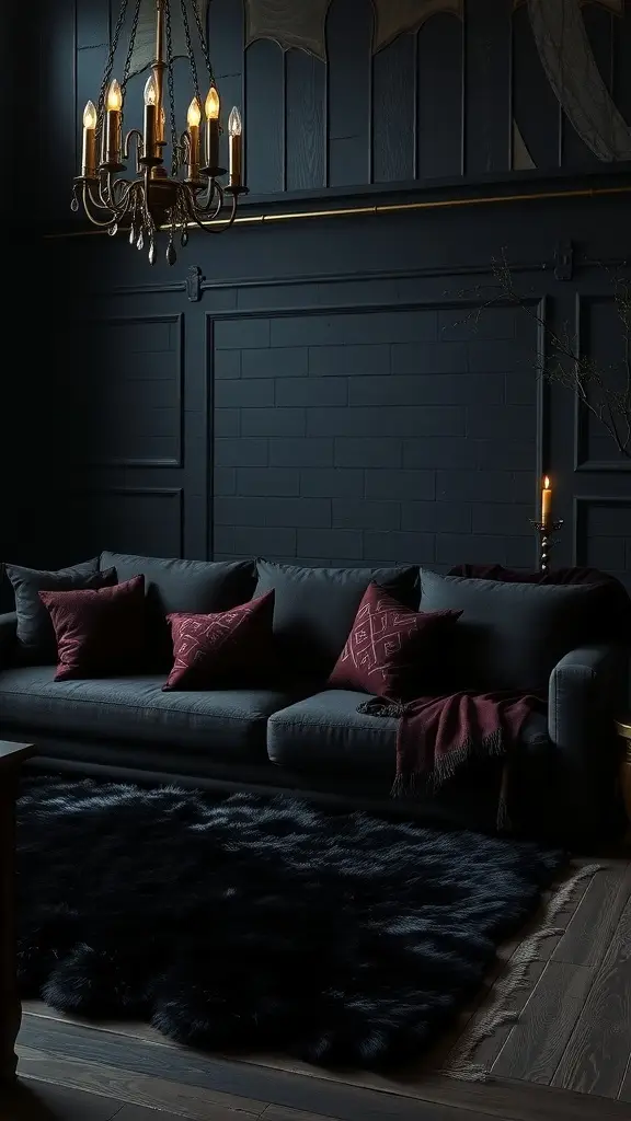 A dark room featuring a vintage chandelier, a dark sofa with burgundy pillows, and a plush black rug.