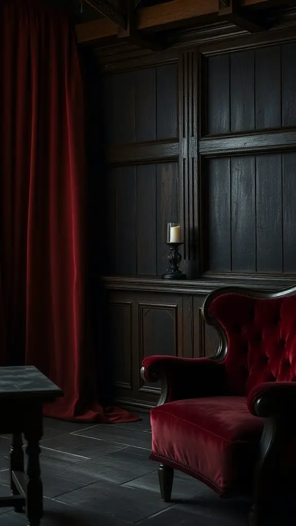 A cozy Gothic decor corner featuring a red velvet chair, dark wooden paneling, a candle holder, and rich red drapery.