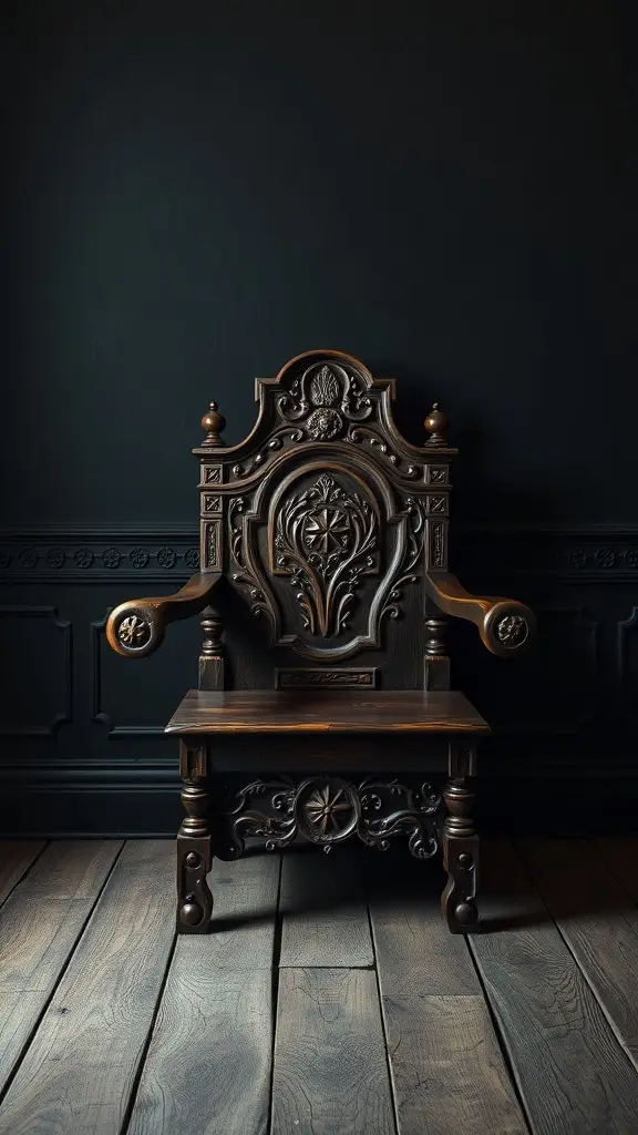 An ornate antique wooden chair with intricate carvings against a dark wall.