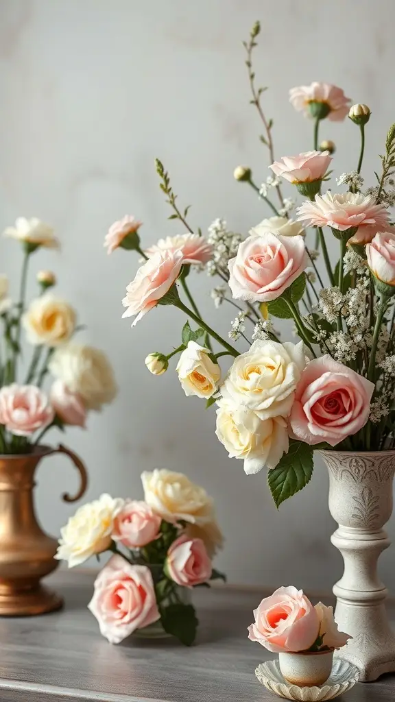 Vintage-inspired floral displays featuring pink and cream roses in various containers.