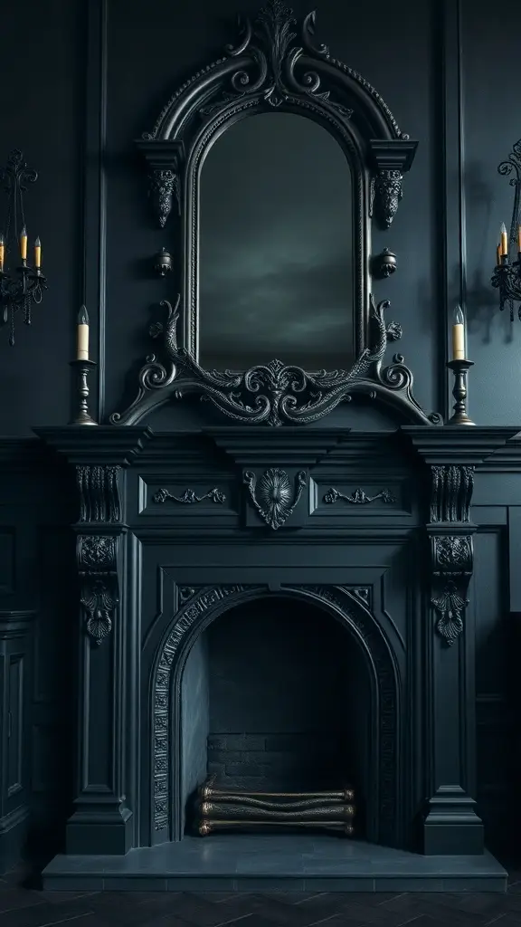 A dark ornate fireplace with a mirror above it, surrounded by candle holders, showcasing Gothic accents.
