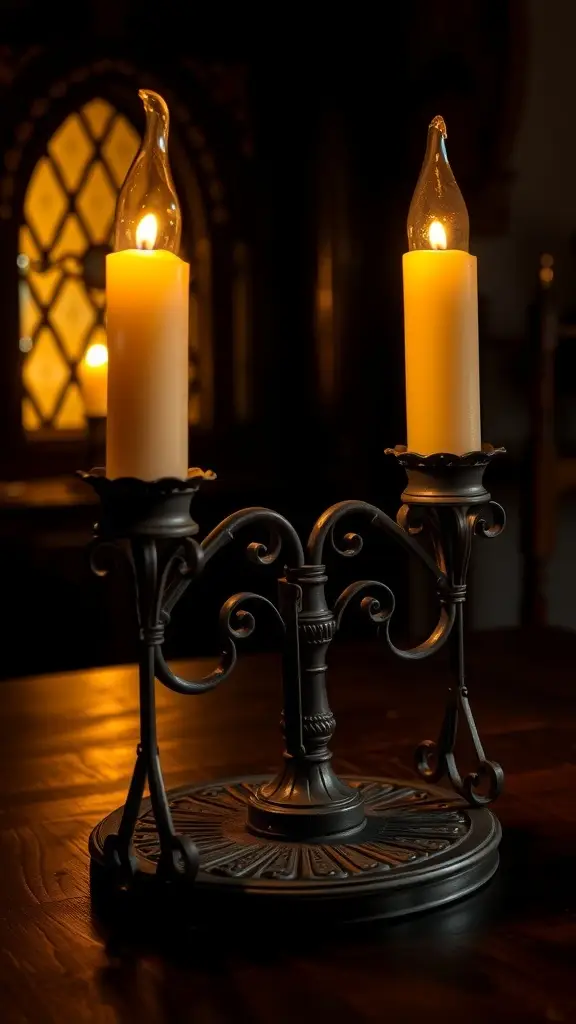 An ornate candle holder with two candles, featuring intricate details and a warm glow.