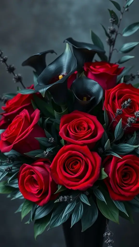 A dark floral arrangement featuring red roses and black calla lilies.