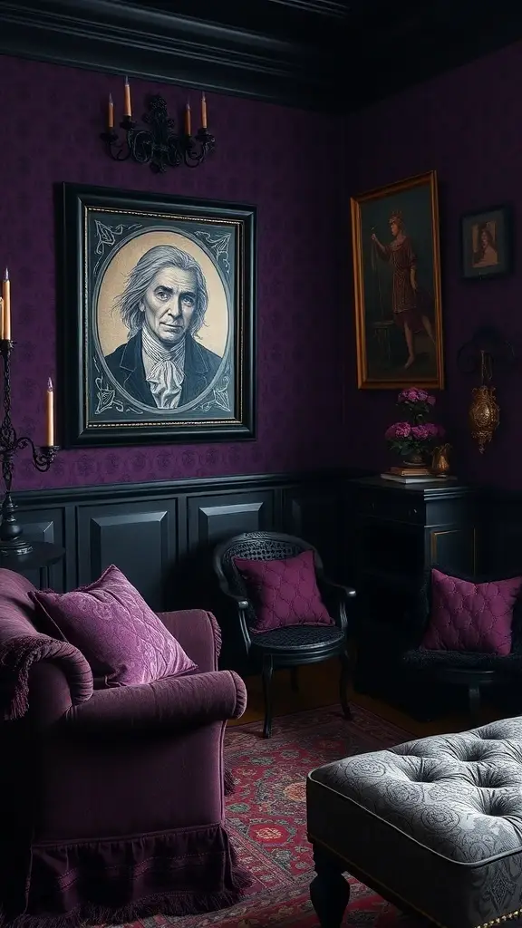 A cozy room with dark purple walls, ornate candle holders, vintage chandelier, and plush seating.