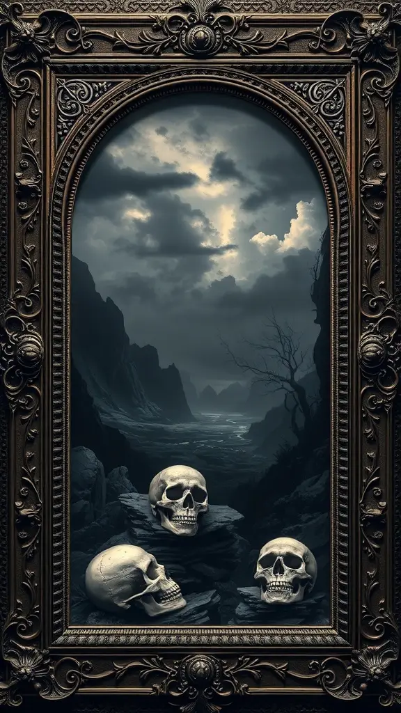An ornate frame containing a dark landscape with skulls on stones.