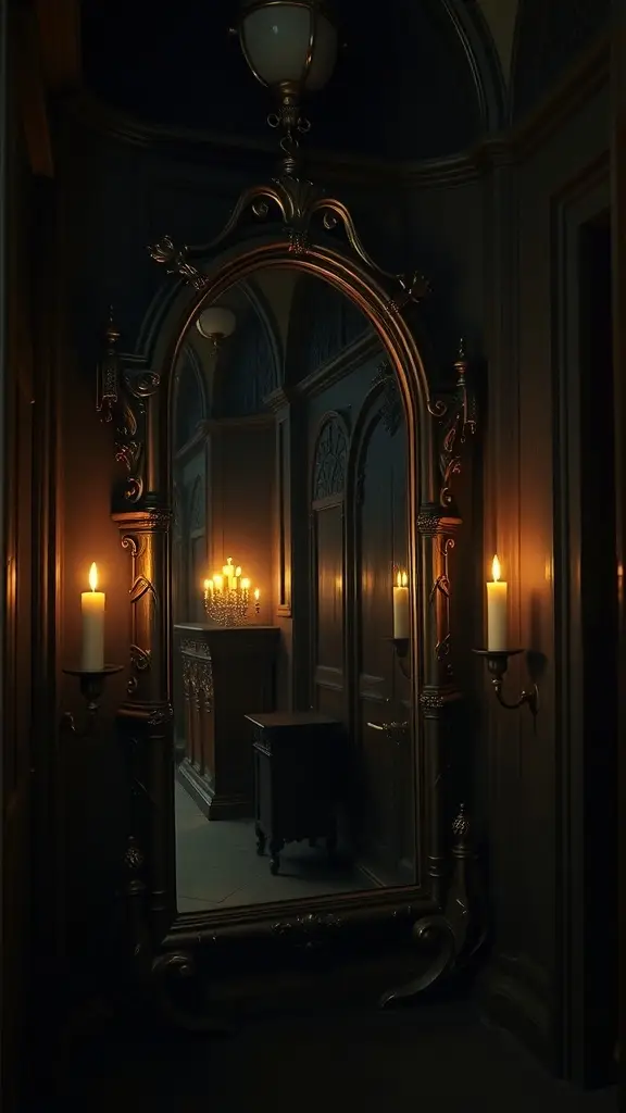 An ornate mirror with candle holders and a vintage chandelier in a dimly lit hallway.