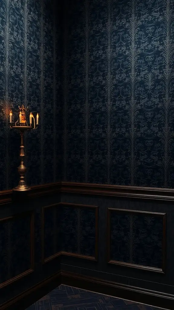 A corner of a room with dark blue ornate wallpaper and a vintage candle holder.