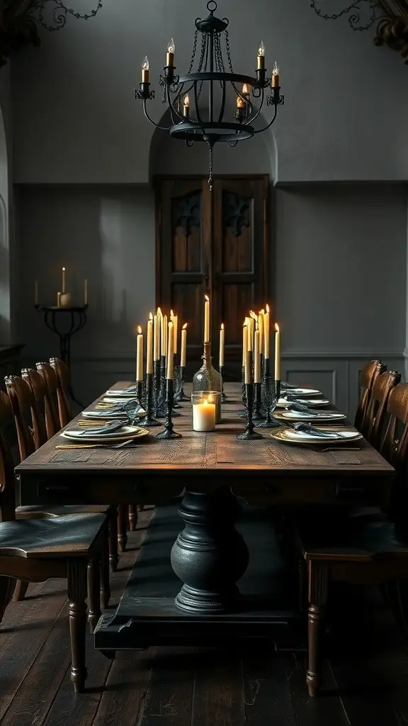 A Gothic dining room featuring a long dark wood table with ornate candle holders and a vintage chandelier.