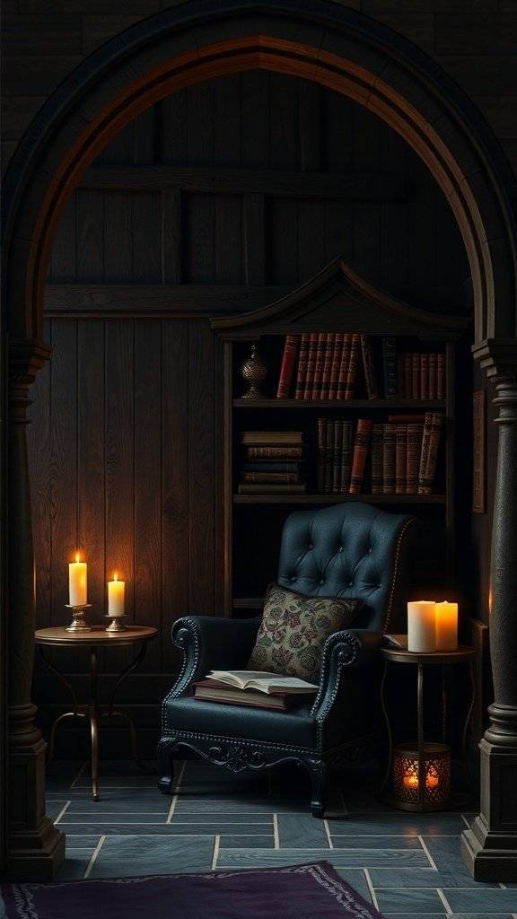 A cozy reading nook featuring a plush armchair, ornate candle holders, and vintage bookshelves.